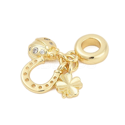 Brass Micro Pave Clear Cubic Zirconia Ladybirds & Horseshoe & Clover European Dangle Charms KK-G522-28G-1