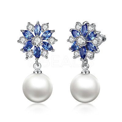 Platinum Plated Brass Flower Cubic Zirconia Stud Earrings EJEW-FF0002-08A-1