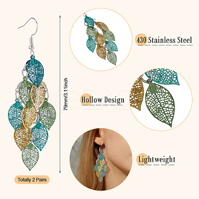 2 Pairs 430 Stainless Steel Leaf Dangle Earrings EJEW-TA0001-83D-1