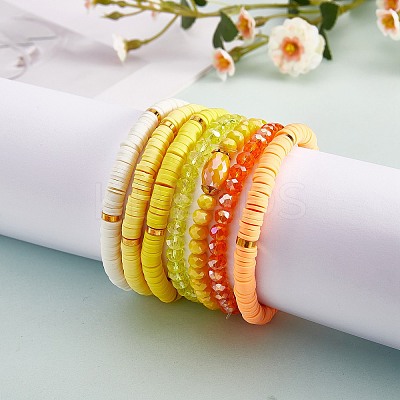 7Pcs 7 Style Handmade Polymer Clay Heishi Surfer Stretch Bracelets Set BJEW-SW00073-02-1