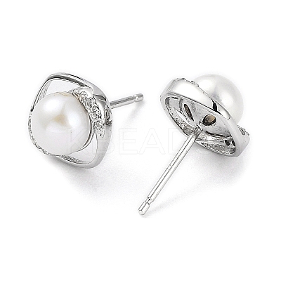 Anti-Tarnish Cubic Zirconia Sauqre with Natural Pearl Stud Earrings EJEW-F318-12P-1