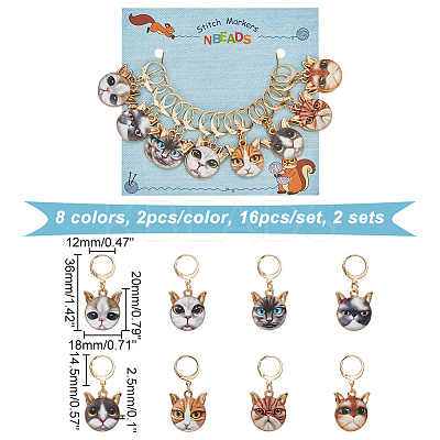 Alloy Enamel Cat Head Pendant Stitch Markers HJEW-AB00235-1
