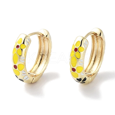 Real 18K Gold Plated Brass Enamel Flower Print Hoop Earrings for Women EJEW-L269-116G-1