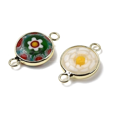 Handmade Millefiori Lampwork Flat Round Connector Charms LAMP-D002-02B-G-1