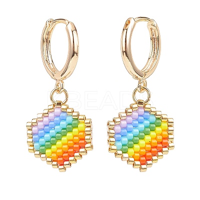 Rainbow Color Japanese Seed Braided Hexagon Dangle Hoop Earrings EJEW-MZ00005-1
