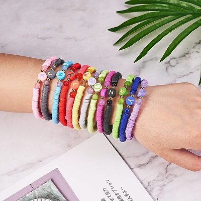 Handmade Polymer Clay Alphabet & Heishi Beads Stackable Stretch Bracelets Set BJEW-SZ0002-10-1