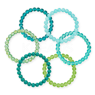 6Pcs 6 Styles 8mm Glass Round Beaded Stretch Bracelet Sets BJEW-TAC0025-1