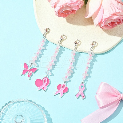 4Pcs October Breast Cancer Pink Awareness Ribbon Alloy Enamel Pendant Decoration HJEW-YW00081-02-1