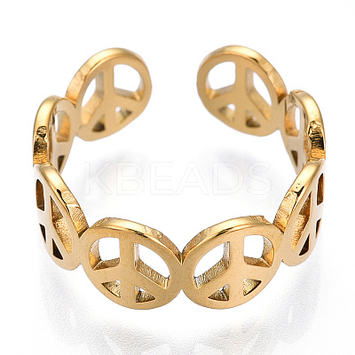Ion Plating(IP) 304 Stainless Steel Peace Sign Open Cuff Ring for Women RJEW-T027-08G-1