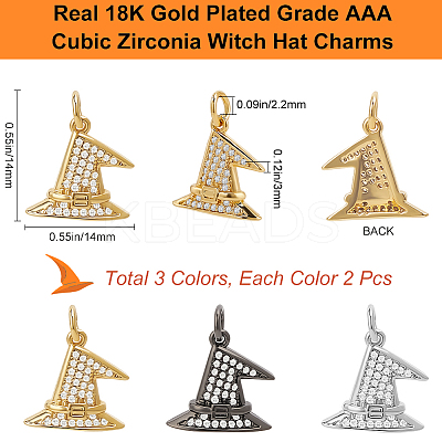 6Pcs 3 Colors Brass Micro Pave Clear Grade AAA Cubic Zirconia Pendants KK-BBC0015-43-1