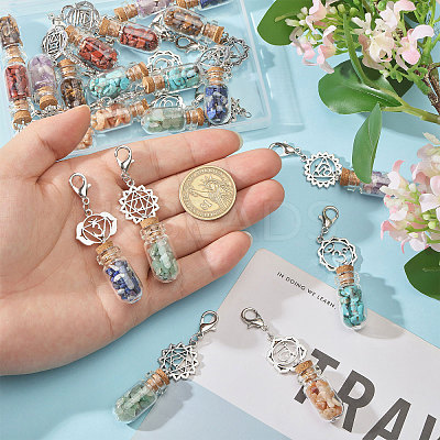 7 Chakra Natural Red Aventurine & Red Jasper & Green Aventurine & Tiger Eye & Synthetic Turquoise & Amethyst & Lapis Lazuli Chips inside Glass Wishing Bottle Pendant Decorations HJEW-FH00148-1