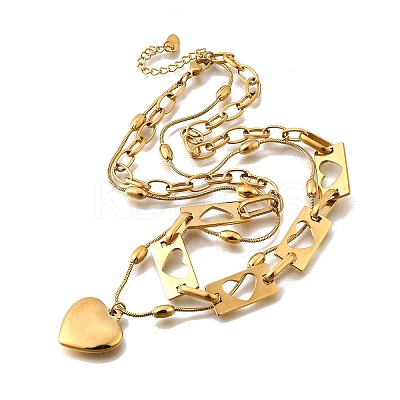 304 Stainless Steel Hollow Heart Pendant Double Layer Necklaces for Women NJEW-F341-01G-1