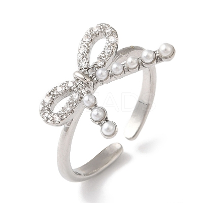 Bowknot Brass Micro Pave Clear Cubic Zirconia Open Cuff Rings for Women RJEW-C098-06P-1