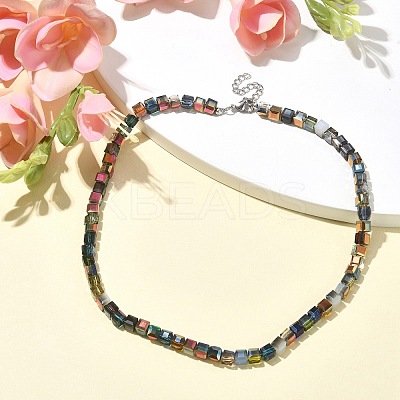 Glass Cube Beaded Necklace with 304 Stainless Steel Clasps NJEW-JN04400-1