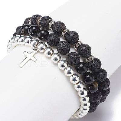 3Pcs 3 Style Style Natural Lava Rock & Golden Sheen Obsidian & Synthetic Hematite Stretch Bracelets Set BJEW-JB08735-1