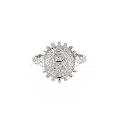 Non-Tarnish 304 Stainless Steel Flat Round with Initial Letter Open Cuff Ring for Men Women RJEW-S405-246P-R-1