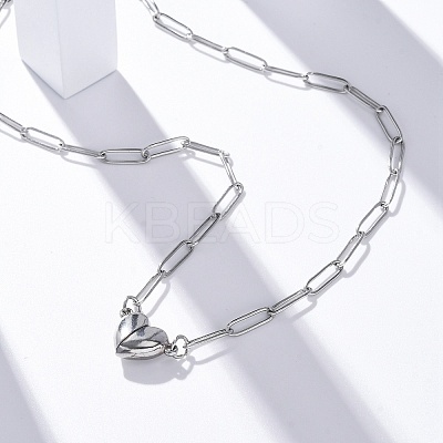 304 Stainless Steel Double-Sided Magnetic Heart Pendant Paperclip Chain Necklaces NJEW-U028-02P-1