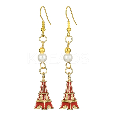 Alloy Enamel Eiffel Tower Dangle Earrings with Imitation Pearl Beaded EJEW-JE05422-05-1
