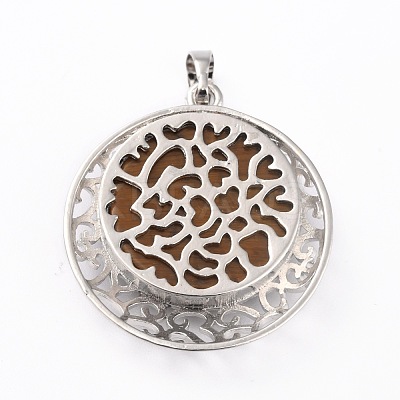 Natural Tiger Eye Pendants with Hollow Platinum Brass Findings G-P448-A15-P-1