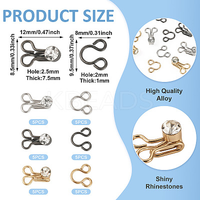 15Sets 3 Colors Alloy Rhinestone Hook and Eye Fasteners FIND-TA0006-54-1