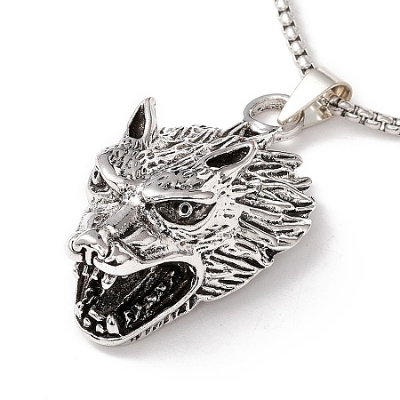 Alloy Wolf Pendant Necklace with 201 Stainless Steel Box Chains LS-NJEW-E016-06AS-1