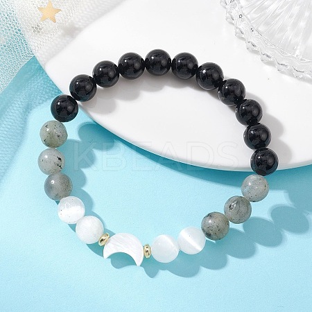 Natural Selenite & Labradorite & Black Tourmaline & Shell Beaded Stretch Bracelets for Women BJEW-JB13084-1