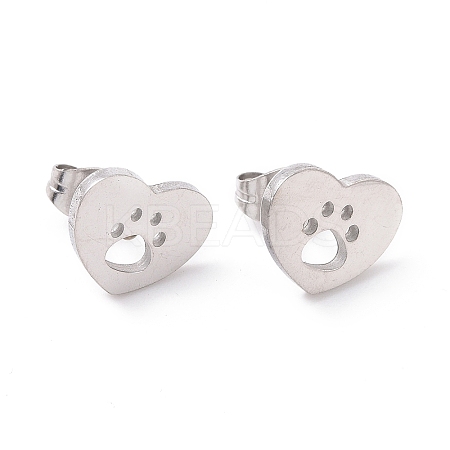 Tarnish Resistant 304 Stainless Steel Heart with Dog Paw Print Stud Earrings for Women EJEW-G328-02P-1