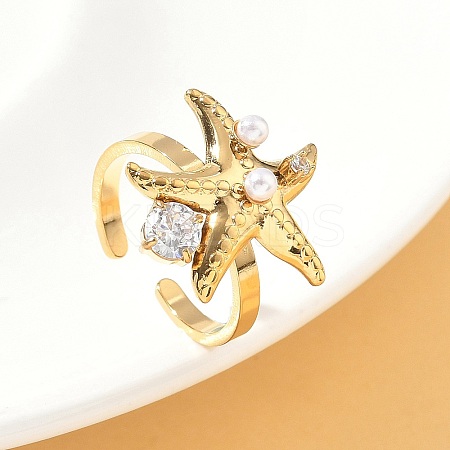 304 Stainless Steel Micro Pave Cubic Zirconia Plastic Pearl Cuff Rings RJEW-D310-02A-G-1