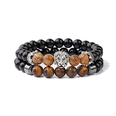Natural Picture Jasper & Tiger Eye & Obsidian & Synthetic Hematite Stretch Bead Stretch Bracelets LS-IO9425-1-1