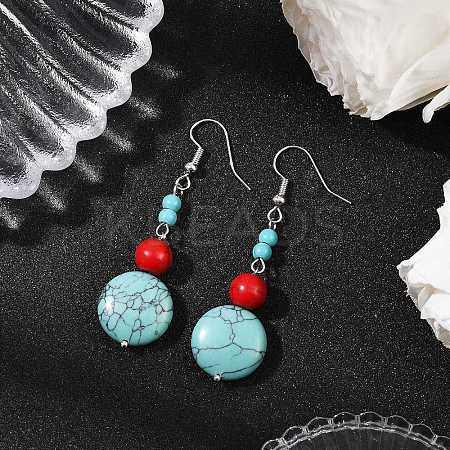 Brass Synthetic Turquoise Dangle Earrings EJEW-JE06589-02-1