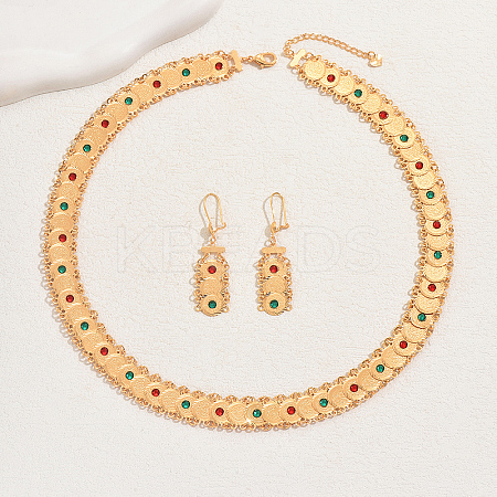 18K Gold Plated Brass Rhinestones Coin Necklace & Dangle Earrings Set for Women BV9797-1