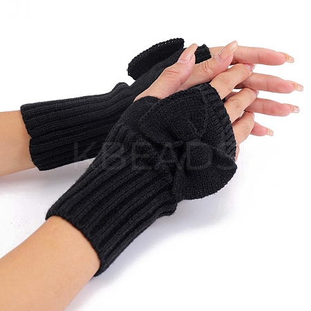 Acrylic Fibers Bowknot Knitting Fingerless Gloves PW-WG73400-01-1