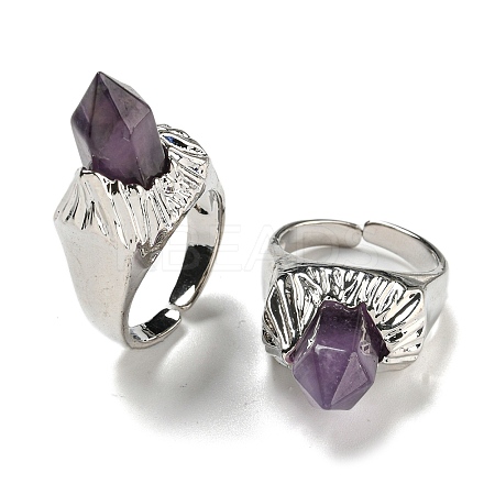 Hexagonal Prism Natural Amethyst Open Cuff Rings RJEW-B106-01P-04-1