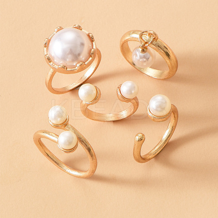 Zinc Alloy & Plastic Imitation Pearl Round Beads Finger Rings Sets WG9DC8A-01-1