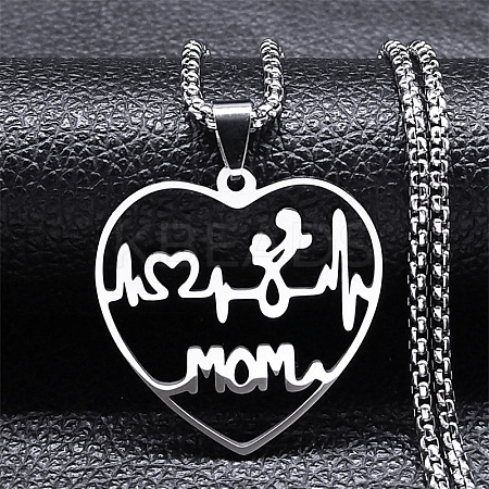 Mother's Day 201 Stainless Steel Hollow Cut Mom Love Heart Pendant Necklaces NJEW-H065-24P-1