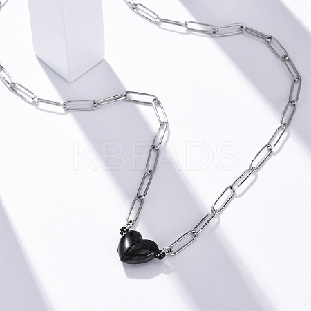 304 Stainless Steel Double-Sided Magnetic Heart Pendant Paperclip Chain Necklaces LS-NJEW-U028-02B-1
