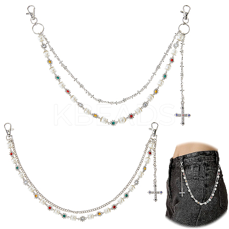 2Pcs 2 Styles Acrylic Colorful Rhinestone & Round Plastic Pearl Link Chain Double Layer Alloy Cross Charm Jean Chains AJEW-HS0001-26P-1