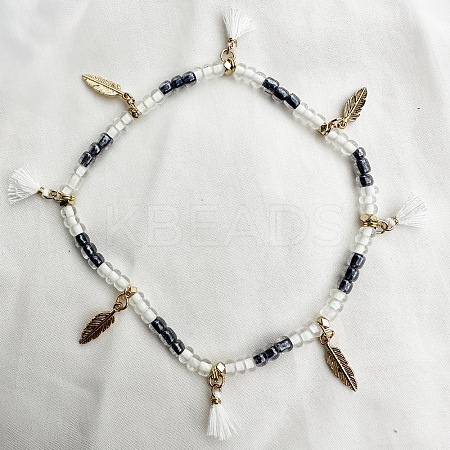 Bohemian Style Alloy Feather Charm Tassel Plastic Seed Beaded Stretch Anklets FS-WGB8A48-03-1