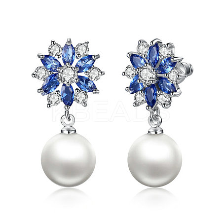 Platinum Plated Brass Flower Cubic Zirconia Stud Earrings EJEW-FF0002-08A-1