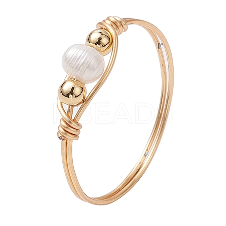 Copper Wire Wrapped Natural Cultured Freshwater Pearl Beads Finger Rings for Women RJEW-JR00775-01-1