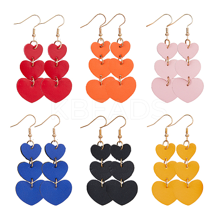 6 Pairs 6 Colors PU Leather Heart Dangle Earrings with Iron Pin for Women EJEW-FI0002-15-1