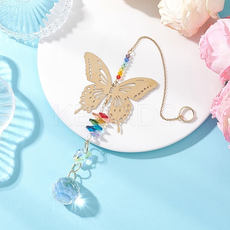 201 Stainless Steel Butterfly Shape & Rainbow Crystal Glass Hanging Suncatcher HJEW-JM04682-1