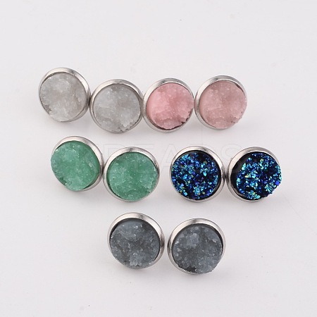 Flat Round 304 Stainless Steel Druzy Resin Ear Studs EJEW-JE01964-1