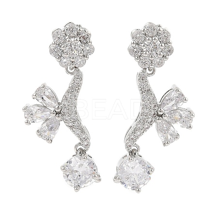 Brass Pave Cubic Zirconia Flower Stud Earrings for Women EJEW-I304-23P-06-1