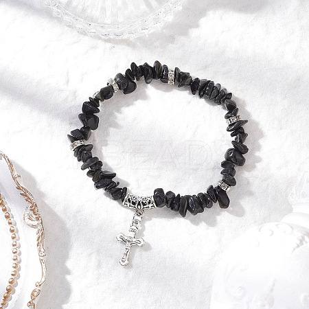 Natural Obsidian Chip Beaded Stretch Bracelets BJEW-JB12316-02-1