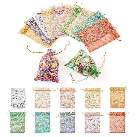 50Pcs 10 Colors Rose Printed Organza Drawstring Bags OP-TA0001-15B-1