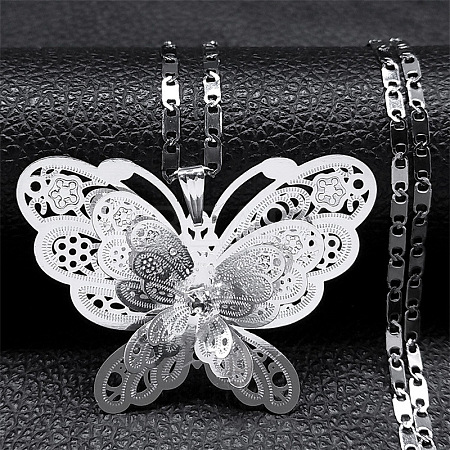 201 Stainless Steel Crystal Rhinestone 3D Hollow Butterfly Pendant Necklaces for Women LS-NJEW-K283-30P-1