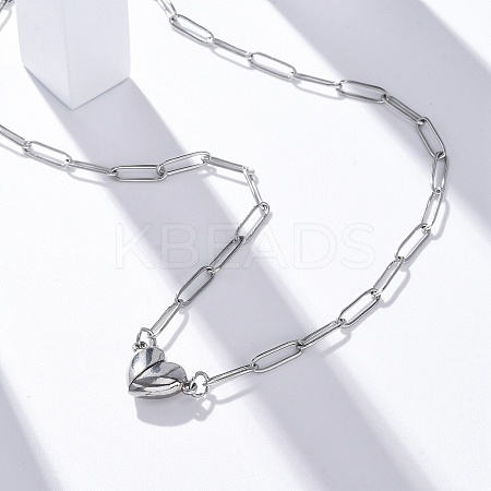 304 Stainless Steel Double-Sided Magnetic Heart Pendant Paperclip Chain Necklaces NJEW-U028-02P-1