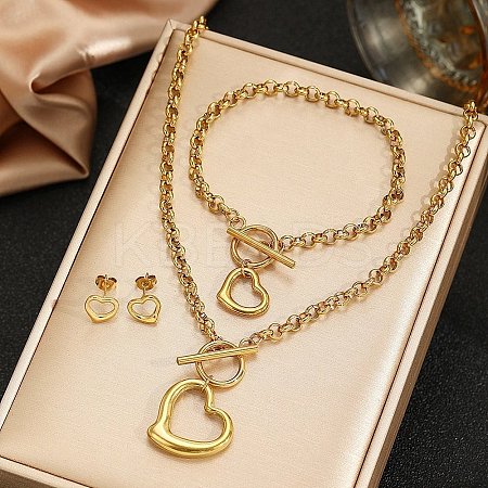 Heart 304 Stainless Steel Pendant Necklace & Stud Earring & Bracelet Sets for Women SJEW-F226-02G-1