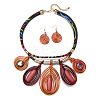 Aluminum Wire Wrapped Resin Beaded Oval Pendant Necklaces & Flat Round Dangle Earrings Sets WGF604D-01-2